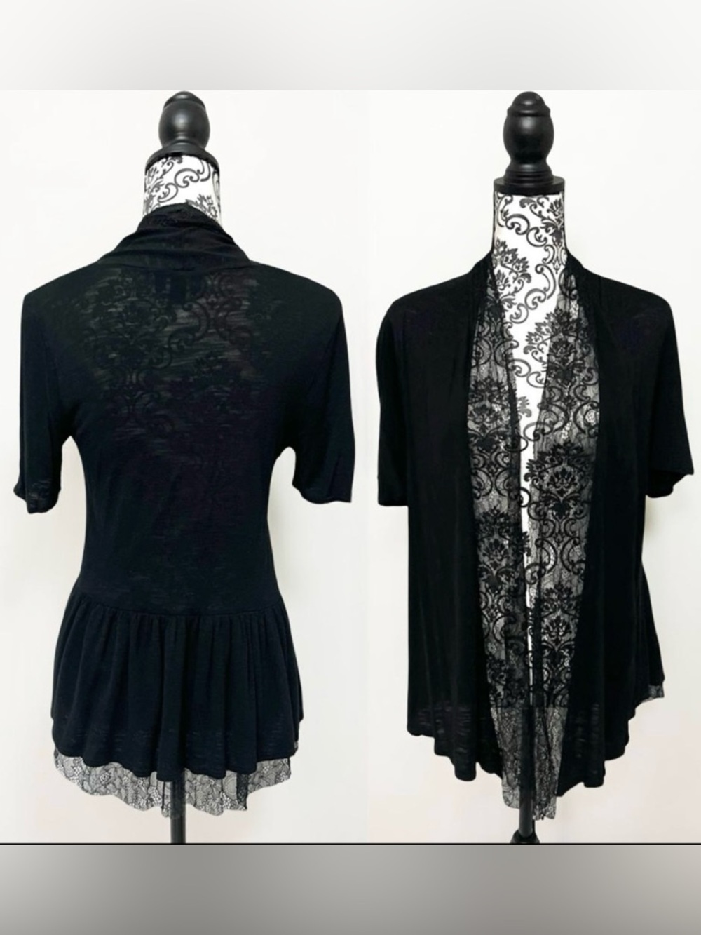 Y2K IZ Byer Black Cardigan with Waterfall Lace Trim